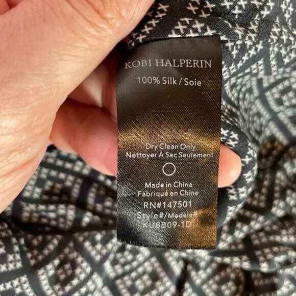 Kobi Halperin Silk Diamond Print Sheer Blouse Bell Sleeves Size M - Picture 9 of 10